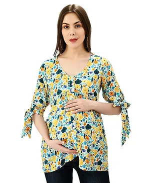 Mometernity Half Puffed Sleeves All Over Floral Printed Maternity & Nursing Top - White Yellow & Blue