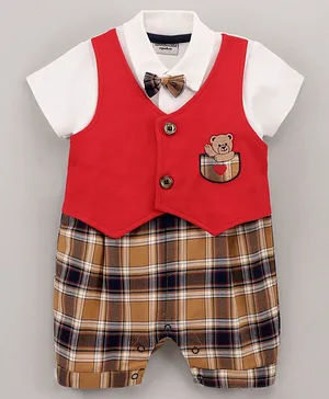 Wonderchild Half Sleeves Checked Bow Appliqued Waistcoat Style Romper - Red