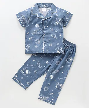 Wonderchild Half Sleeves Space Print Night Suit - Navy Blue