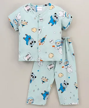 Wonderchild Half Sleeves Astronaut Panda Printed Night Suit - Blue