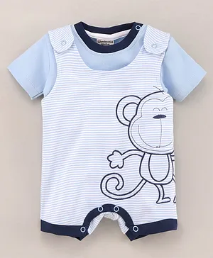 Wonderchild Half sleeves Solid T Shirt With Striped Monkey Embroidered Detail Romper - Blue