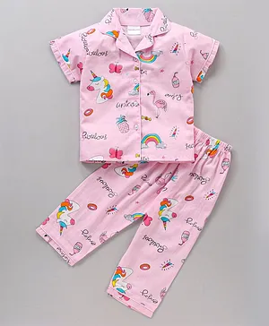 Wonderchild Half Sleeves Unicorn & Butterfly Printed Night Suit - Pink