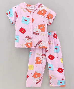 Wonderchild Half Sleeves Pig Print Night Suit - Pink