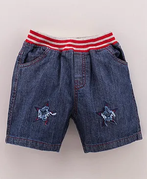 Wonderchild Stars Distress Detail Ribbed Waist Shorts - Denim Blue & Red