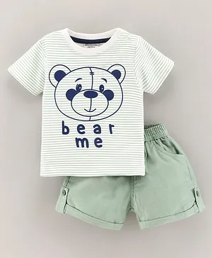 Wonderchild Half Sleeves Striped Bear Placement Printed Tee With Shorts - Green