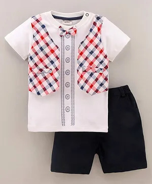 Wonderchild Half Sleeves Checks Mock Waistcoat & Bow Detailing Tee With Solid Shorts - Multi Color