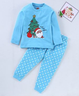 Babyhug Full Sleeves Night Suit Santa Claus Print - Light Blue