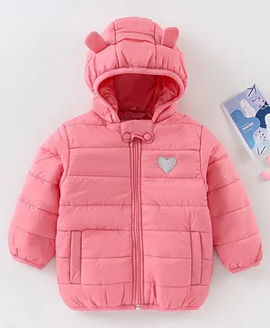 Babyhug Full Sleeves 3D Hooded Padded Winter Jacket Heart Patch - Pink