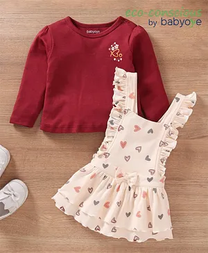Babyoye Cotton Frock with Bow and Full Sleeves Inner Tee Hearts Print - Maroon Cream