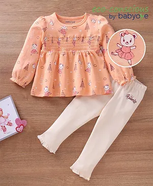 Babyoye Eco conscious 100% Cotton With Eco-Jiva Finish Puffed Sleeves Birdie Printed Top With Smocking and Glitter Print Leggings Set - Peach