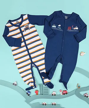 Kicks & Crawl Pack Of 2 Full Sleeves Striped Cars & Panda Patch Sleepsuits - Navy Blue & White