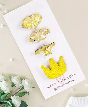 Kicks & Crawl Pack Of 4 Glitter Heart Butterfly Confetti Star & Crown Detailing Alligator Hair Clips - Yellow