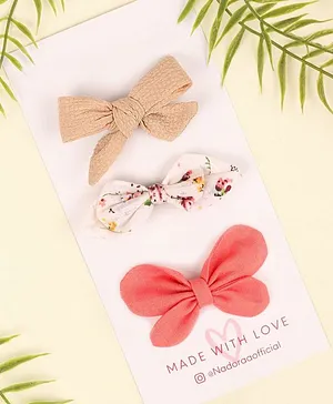 Kicks & Crawl Pack Of 3 Solid & Floral Printed Bow Hair Clips - Beige White & Pink