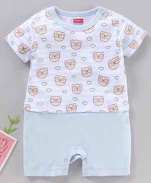 Babyhug 100% Cotton Half Sleeves Rompers Bear Face Print- Blue