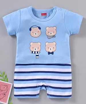 Babyhug 100% Cotton Half Sleeves Romper Bear Face Print - Blue