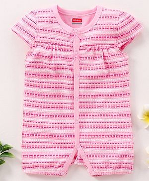 Babyhug Cotton Knit Half Sleeves Flower Print Romper- Pink