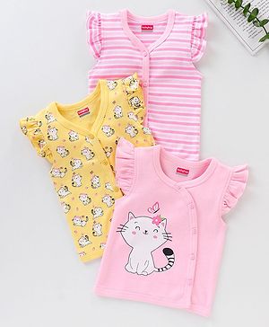 Babyhug 100% Cotton Half Sleeves Striped & Cat Printed Vest Pack Of 3 - Multicolour