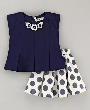 Enfance Core Mega Sleeves Flower Applique Top With Circle Printed Skirt - Blue
