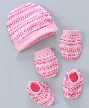 Babyhug 100% Cotton Cap Mittens & Booties Set Floral Print - Pink