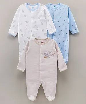 I Bears Cotton Knit Full Sleeves Rompers Animals & Stars Print Pack of 3 - White Blue Beige
