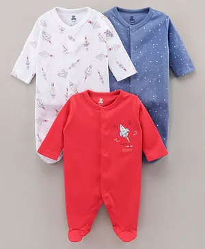 I Bears Cotton Knit Full Sleeves Rompers Rockets & Star Printed Pack of 3 - Red White Blue