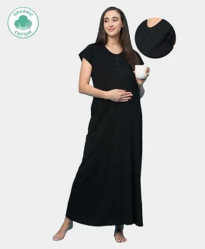 ECOMAMA Organic Cotton & Bamboo Antimicrobial Cap Sleeves Solid Maternity Nighty - Black
