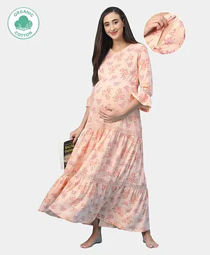ECOMAMA 3/4th Sleeves Organic Cotton & Bamboo Antimicrobial Maternity Nighty Floral Print - Peach