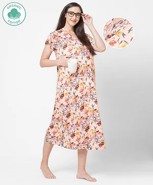 ECOMAMA Organic Cotton & Bamboo Antimicrobial Short Sleeves Maternity Nursing Nighty Floral Print - Pink
