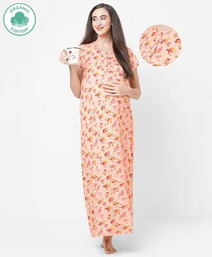 ECOMAMA Organic Cotton & Bamboo Antimicrobial Cap Sleeves Maternity Nighty Floral Print - Peach
