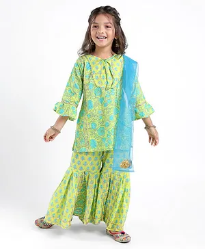 Teentaare Cotton Woven Half Sleeves Kurta & Sharara Set Ethnic Print - Lime Turquoise