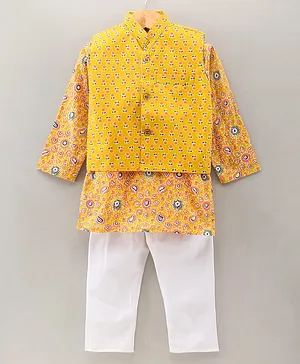 Teentaare Full Sleeves Cotton Printed Kurta Pyjama Set with Waistcoat - Yellow