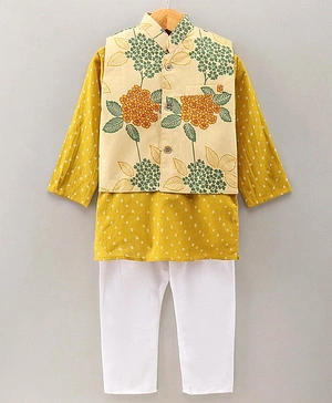 Teentaare Full Sleeves Cotton Kurta Pyjama Set with Floral Printed Waistcoat - Yellow