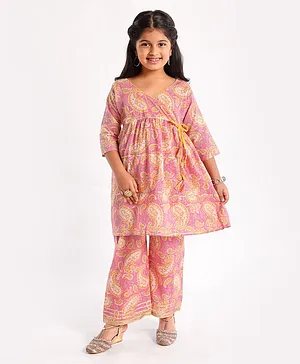Teentaare Three Fourth Sleeves Kurti & Salwar Set Ethnic Prints - Pink Yellow