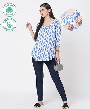 ECOMAMA Three Fourth Sleeves Organic Cotton & Bamboo Maternity Lounge Top Leaves Print - Blue