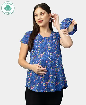 ECOMAMA Organic Cotton & Bamboo Antimicrobial Cap Sleeves Lounge Maternity Top Floral Print - Blue