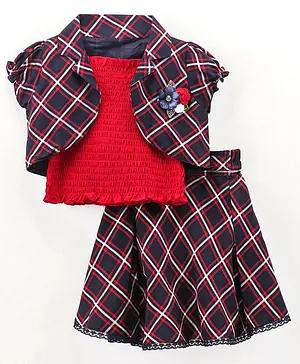 Enfance Puffed Cap Sleeves Checked Flower Applique Jacket With Sleeveless Smock Inner Wear Top & Skirt - Red