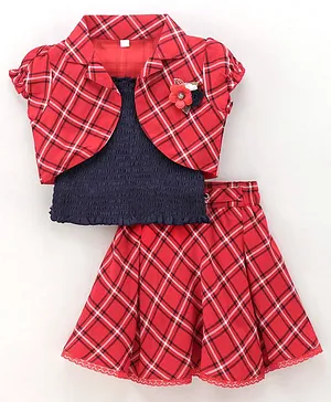 Enfance Puffed Cap Sleeves Checked Flower Applique Jacket With Sleeveless Smock Inner Wear Top & Skirt - Navy Blue