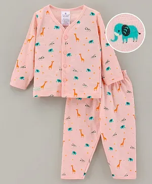 First Smile Full Sleeves Night Suit Animal Print - Pink