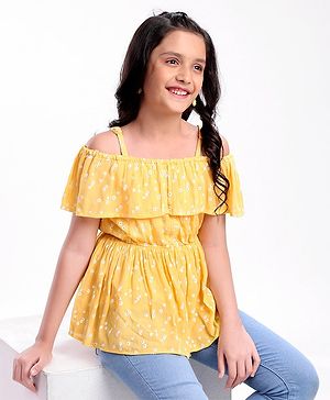 Pine Kids Rayon Sleeveless Crinkle All Over Printed Top - Yellow