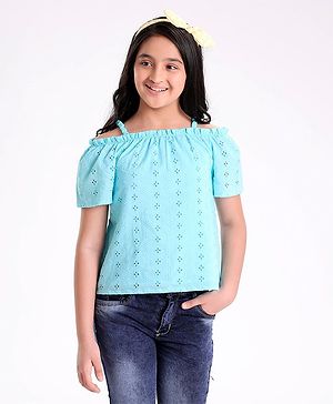 Pine Kids Off Shoulder Sleeves Schiffli Embroidered Top - Blue