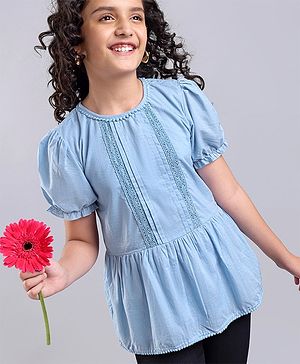 Pine Kids Cotton Woven Half Sleeves Solid Top - Blue