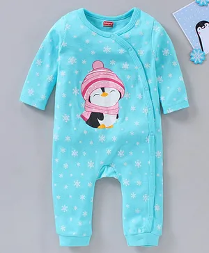 Babyhug 100% Cotton Full Sleeves Romper Penguin Print - Blue