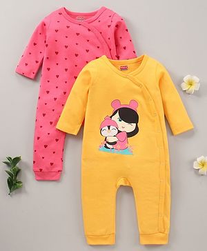 Babyhug 100% Cotton Knit Full Sleeves Rompers Set Heart & Penguin Print Pack of 2 - Multicolour