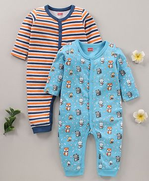 Babyhug 100% Cotton Full Sleeves Fox Print & Striped Rompers Pack Of 2 - Multicolour