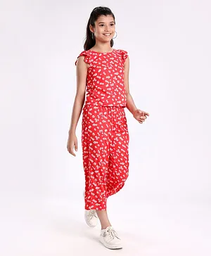 Pine Kids Cap Sleeves Top & Pant All Over Floral Print - Red