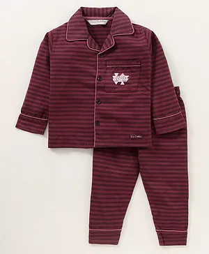 CUCUMBER Full Sleeves Striped T-Shirt & Pyjama Set - Maroon
