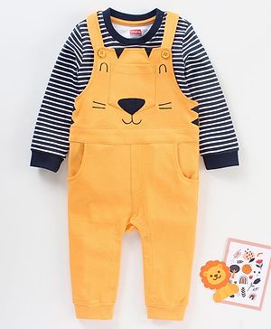 Babyhug Half Sleeves Dungaree Style Romper With Inner Tee Stripe Print - Yellow