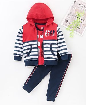 Babyhug Cotton Knit to Knit Full Sleeves Striped Hoodie With Tee & Lounge Pant - Red & Navy