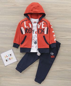 Babyhug Half Sleeves T-Shirt & Hooded Jacket With Joggers Text Print - Orange Navy Blue