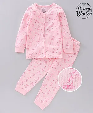 Babyoye Cotton Full Sleeves Thermal Vest & Bottoms Printed - Pink